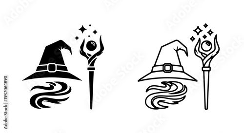 Fantasy Magic Witch Hat and Staff Icon Set: Wizard Spell Symbol Vector