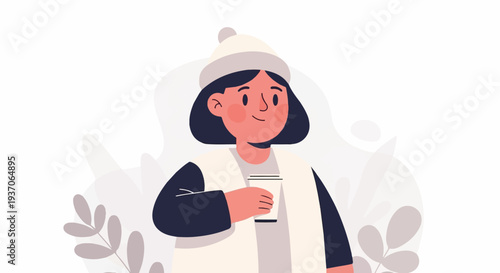 A stylized illustration of a person wearing a hat and holding a cup