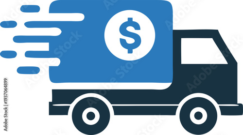 Fast money delivery is indicated by the truck with dollar symbol speeding onward