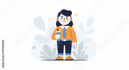 Stylized person in business casual attire holding a plant-topped cup