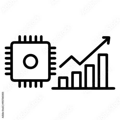 CPU performance and price growth icon with microchip and upward bar chart arrow line art vector illustration computing power or data analytics isolated on transparent background