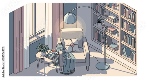 Cozy reading nook with chair and bookshelf.