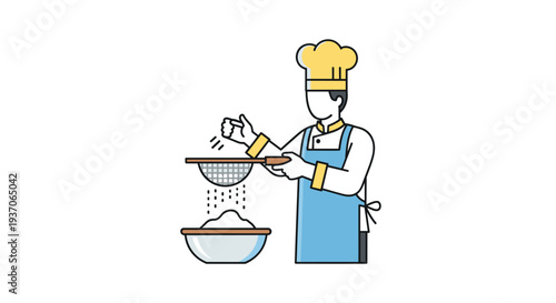 Chef in yellow hat sifting white powder into a mixing bowl with a sieve