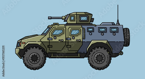 Military Armored Vehicle with Turret and Gun.