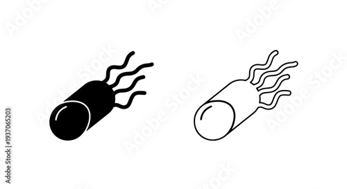Black and white rod-shaped bacterium with flagella icon for microbiology research