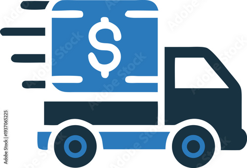 Blue truck transports a large dollar sign quickly illustrating the concept of money transfer