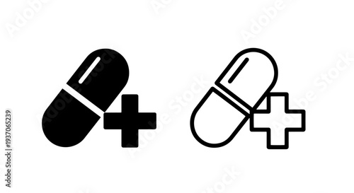 Black and white medical pill capsule and plus sign icon for pharmacy and healthcare