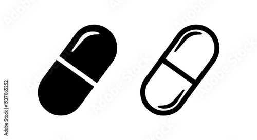 Black and white simple medical pill capsule icon for health and pharmaceutical design
