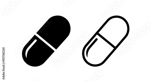 Black and white medical capsule pill icon for health pharmacy and medication