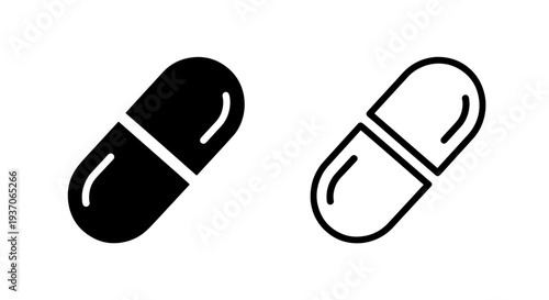 Black and white pharmaceutical pill capsule icon for medical treatment and wellness