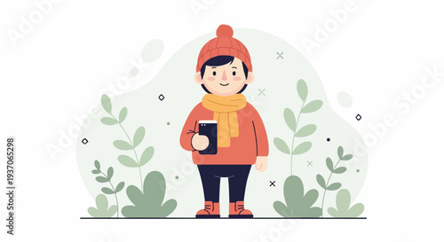 A cheerful person in winter attire holds a smartphone amidst stylized greenery