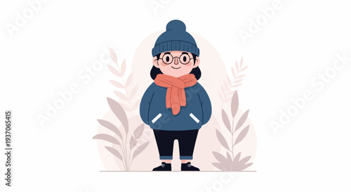 A cheerful person in winter attire, wearing a beanie, scarf, and glasses, surrounded by decorative foliage