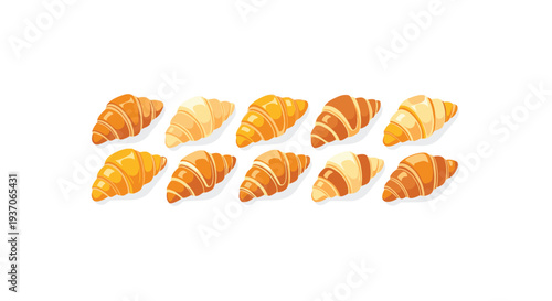 Ten golden-brown croissants arranged in two rows on a clean white background