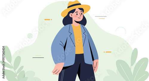 Flat illustration of a person wearing a yellow hat and blue jacket, with abstract shapes and leaves