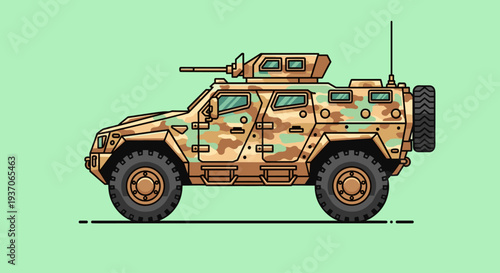Military Vehicle with Camouflage Design and Gun.