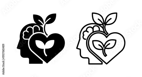 Mental Health and Wellbeing Icon with Brain, Heart, and Plant Growth