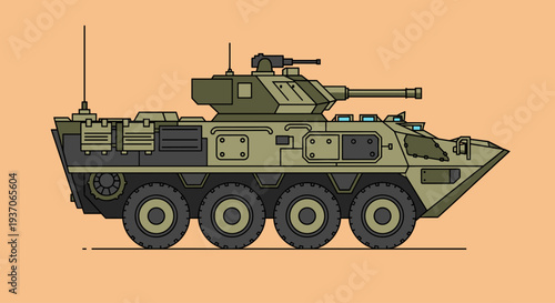 Military Armored Vehicle with Turret and Cannon.