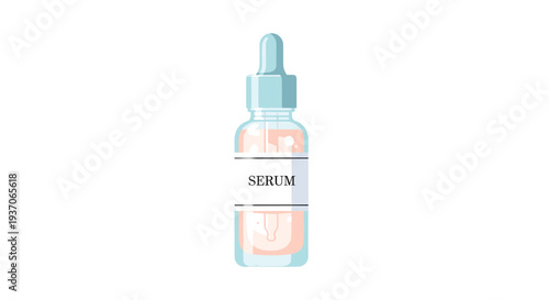 Clear glass serum bottle with peach liquid and 'SERUM' label on white