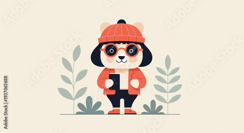 A cute cartoon dog with glasses and a hat stands holding a book with plants