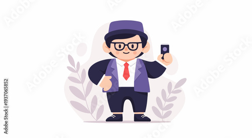 A cartoon man in a suit and hat takes a selfie with a phone