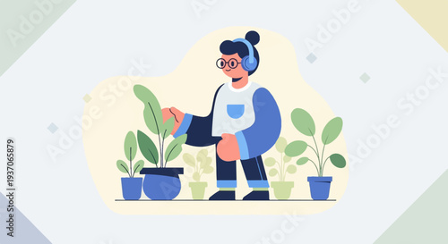 A person wearing headphones and glasses tending to potted plants, with a light, abstract background