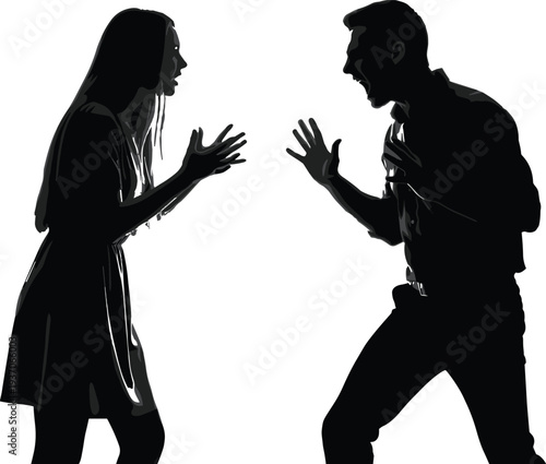 Black silhouettes of a man and woman in a heated argument with expressive hand gestures isolated on white for conflict design