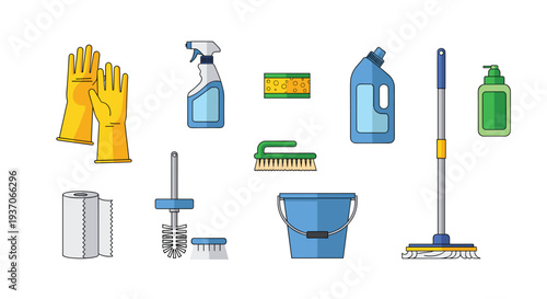 Assortment of cleaning supplies including gloves, bottles, sponge, and mop.