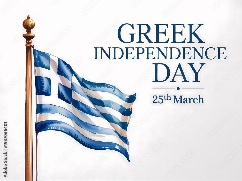 Obraz premium Greek independence day celebration with waving flag on pole isolated on white background