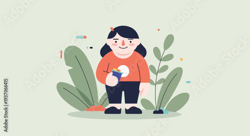 Person holding container amidst stylized plants, abstract shapes