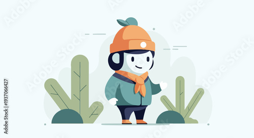 Cartoon character in winter attire amidst stylized foliage