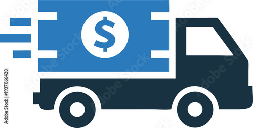 Black delivery truck shows fast motion with a blue dollar sign on board