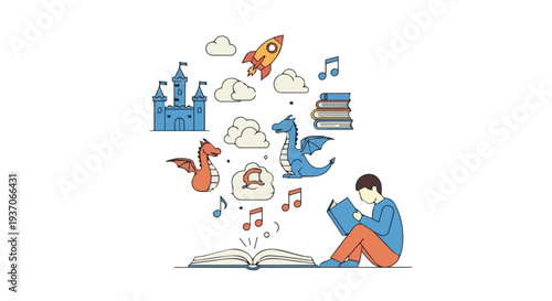 Creative icons and symbols surround a learner to represent digital education, innovation, and knowledge sharing in the modern technology era