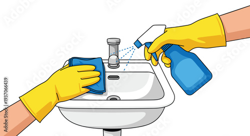 Gloved hands cleaning a white ceramic sink with a blue cloth and spray.