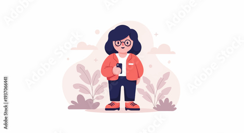Flat illustration of a person with dark hair, glasses, holding a phone, in casual attire