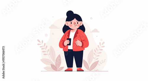 Cartoon woman in red jacket and dark pants holds phone, surrounded by soft pink floral and cloud elements