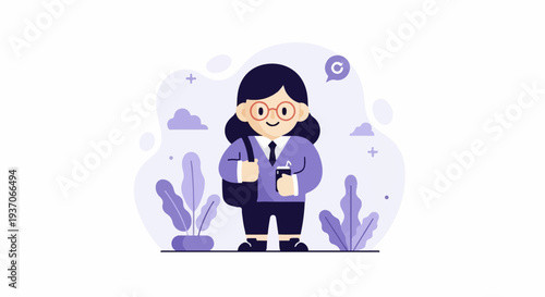 A stylized cartoon person in business attire stands with a bag and a drink amidst abstract purple flora and clouds