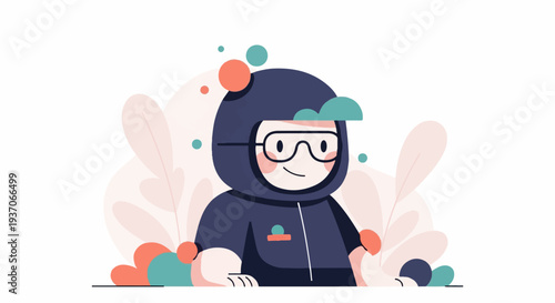 Friendly cartoon character in protective gear, smiling amid abstract shapes and leaves