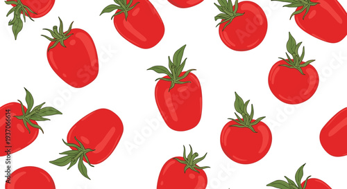 Seamless tomato pattern with fresh red tomatoes and green leaves, repeating vegetable background for kitchen, food packaging and textile design