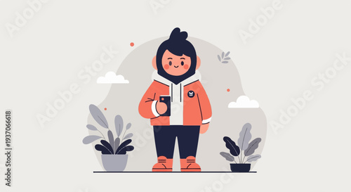 A person with a phone stands with plants and clouds in the background