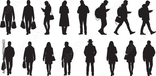 Silhouettes of diverse people walking alone in different poses and carrying bags from various viewpoints
