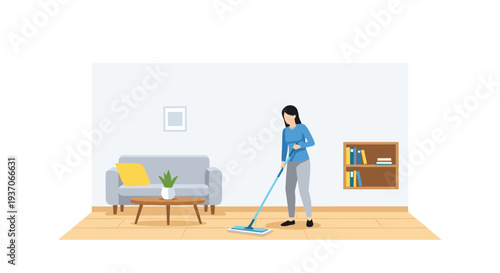Woman in blue shirt mops a light wooden floor in a minimalist living room.