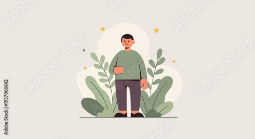 A stylized figure stands amidst soft green foliage and gentle dots against a muted background