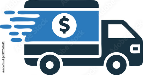 Fast blue delivery vehicle swiftly transports money with motion effect visible on pure white background