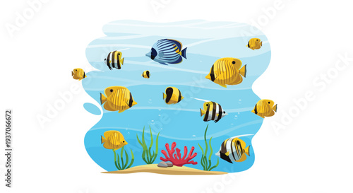 Eleven yellow butterflyfish swim in a blue underwater scene.