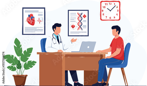 Doctor Consulting Patient in Clinic Office Cartoon Vector Illustration of Medical Appointment Healthcare Checkup and Professional Consultation Scene