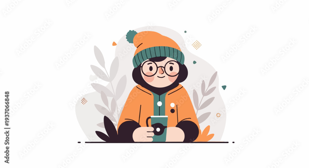 Fototapeta premium Cozy person in winter attire, holding a warm mug amidst abstract botanical elements