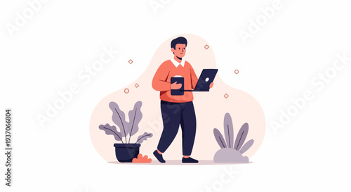 A person with a laptop and coffee cup stands near plants against a pastel background with abstract shapes
