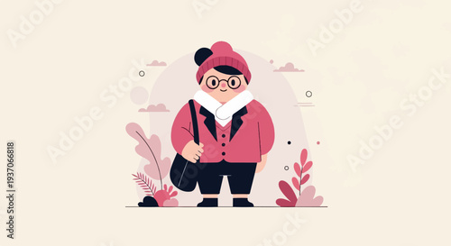 Whimsical illustration of a person in warm clothing with a satchel, against a backdrop of stylized plants and clouds