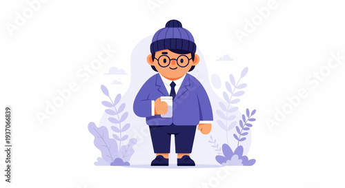 A stylized person in a suit, glasses, and a beanie, holding a cup, surrounded by minimalist foliage and clouds