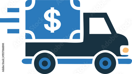 Animated dark delivery truck speeds along while carrying a large dollarsigned package